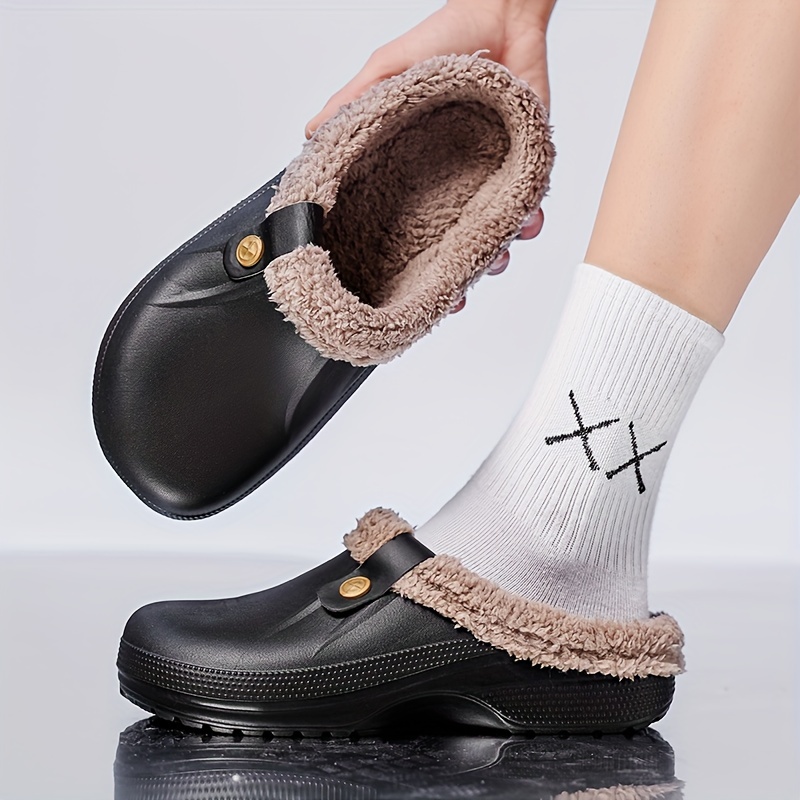 cozy waterproof house slippers anti skid slip on shoes indoor for men winter shoes fuzz lined clogs details 1